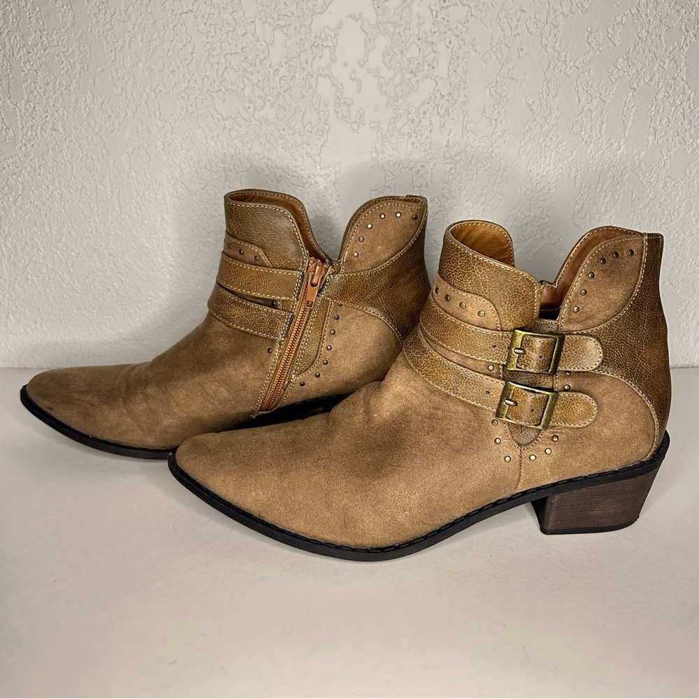MIA Brown Ankle Boots Size 8.5 with Double Buckle Side Zip
